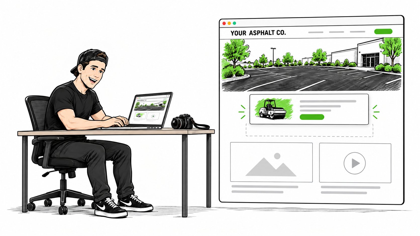 Asphalt Growth Guys founder building a website at his laptop