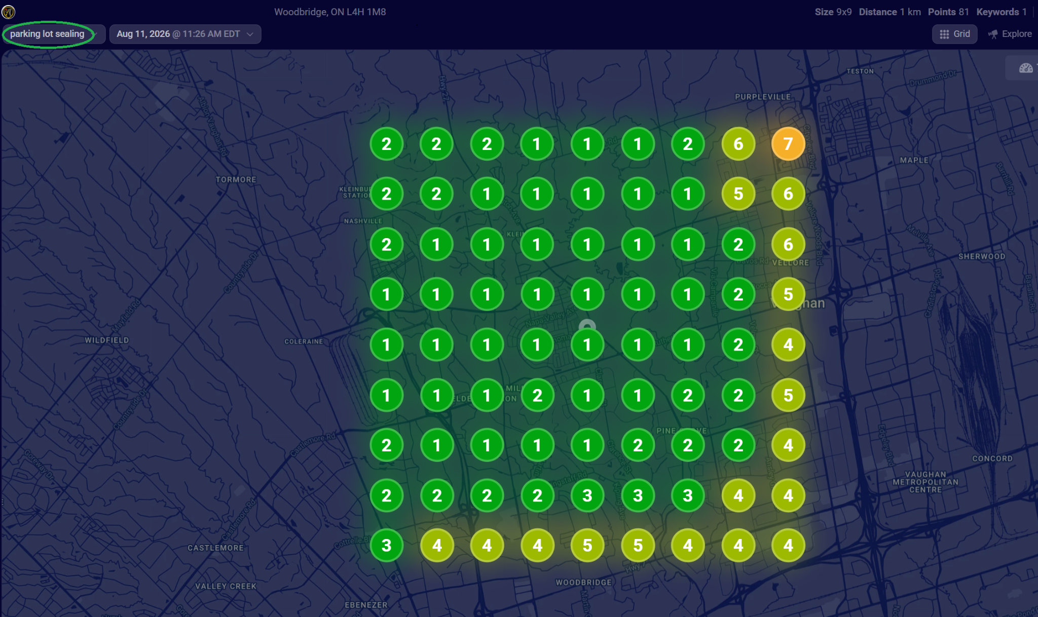 Local ranking grid for parking lot sealing around Woodbridge, with many locations ranked first or second and positions varying across the grid